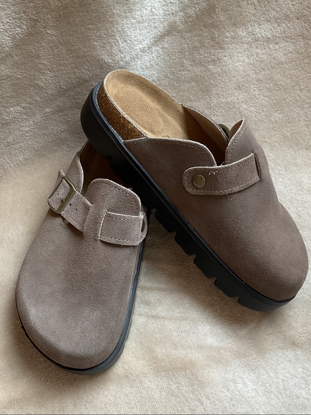 Project Cloud Taupe Suede Slide Clogs with Buckle Detail Size 7